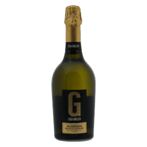Mousserende prosecco wijn uit Valdobbiadene Italië, Casa Gheller wijn in donkergroene fles met gouden label en dop