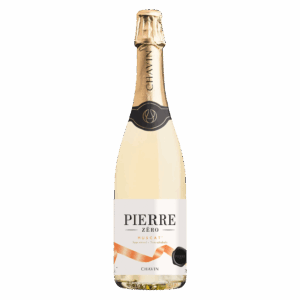 Alcoholvrije mousserende wijn van muscat druif, Pierre Zéro wijn uit Frankrijk in lichte fles met zwart en koper accent
