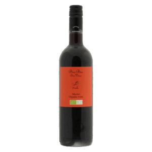 Rode wijn Merlot uit Italië met feloranje etiket en biologisch keurmerk, Italiaanse wijn