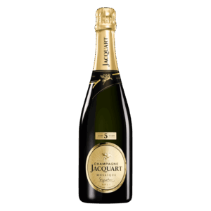 Champagne wijn uit Frankrijk, Jacquart Mosaïque Signature wijn in fles met goud etiket en mousserende wijnstijl