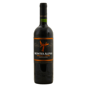 Rode wijn Carmenère uit Chili met zwart etiket, oranje accenten en engelfiguur van Montes Alpha, Chileense wijn