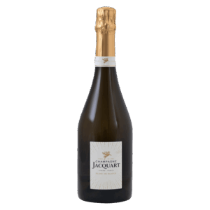 Champagne wijn uit Frankrijk, Jacquart Blanc de Blancs wijn in slanke fles met goudkleurige capsule en wit etiket