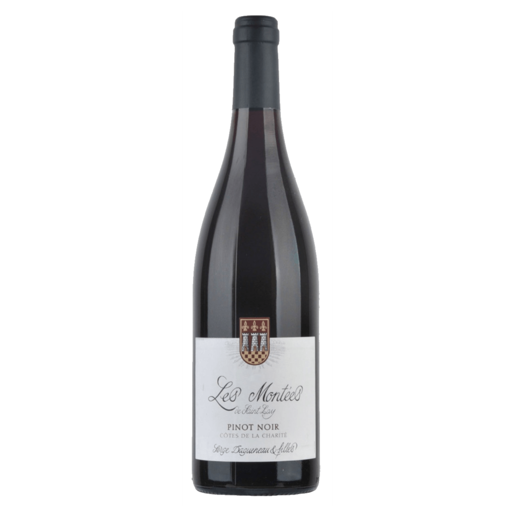 Franse wijn van Pinot Noir uit de Loire, Les Montées de Saint-Lay met klassiek wit etiket en elegante rode wijn