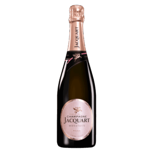 Rosé champagne wijn uit Frankrijk, Jacquart Mosaïque brut rosé wijn in donkere fles met zachtroze etiket en dop