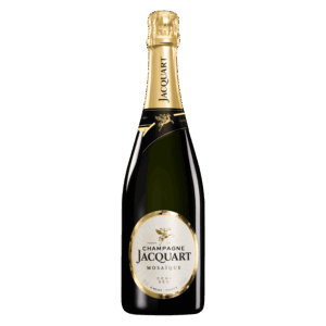 Champagne wijn uit Frankrijk, Jacquart Mosaïque brut wijn in donkere fles met goudfolie en elegant etiket