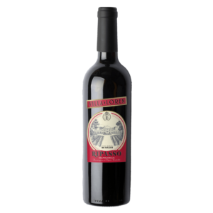 Rode wijn Ripasso della Valpolicella uit Italië met rood etiket en klassieke villa-afbeelding, Italiaanse wijn