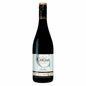 Rode wijn uit Frankrijk met elegant wit etiket en gouden accenten van Cuvée Collias, Franse wijn