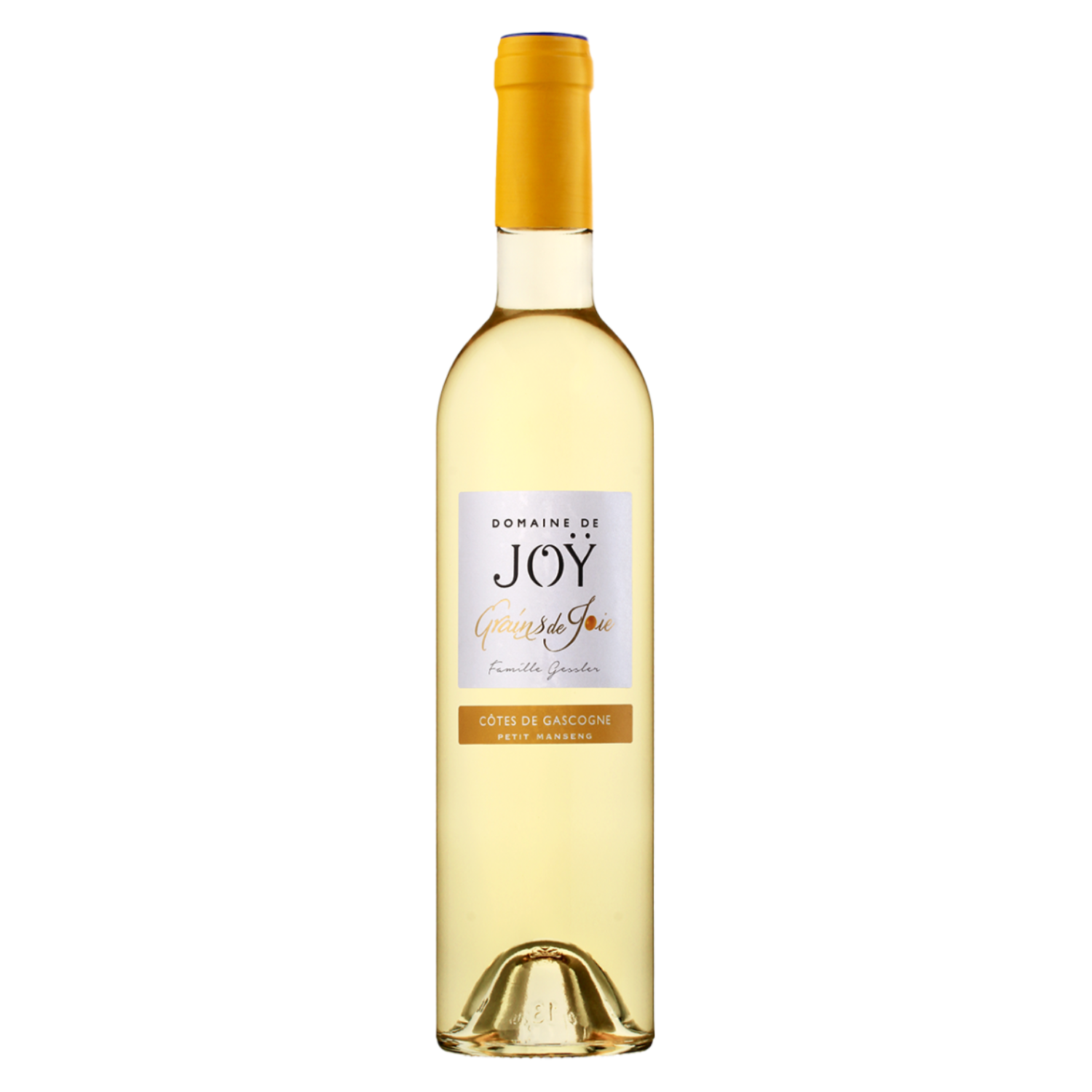 Witte wijn Petit Manseng, Domaine de Joÿ, Côtes de Gascogne Frankrijk, fruitige zoete wijn met gouden capsule