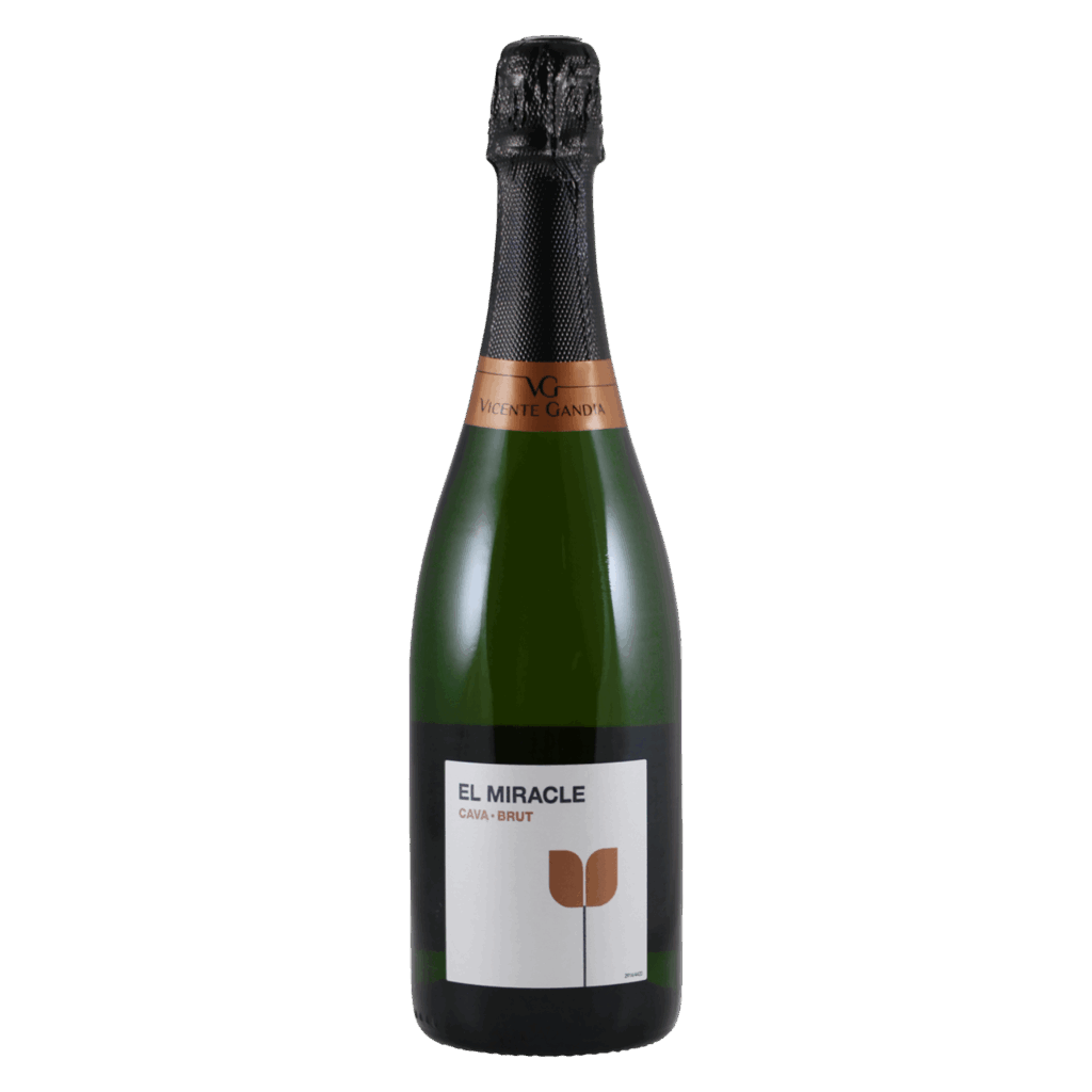 Mousserende wijn uit Spanje, El Miracle Cava Brut van Vicente Gandía in fles met strak wit etiket en koperen hals