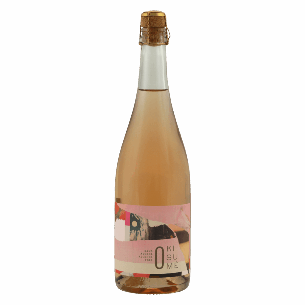 Alcoholvrije mousserende wijn, ÔKISUMÉ rosé in heldere fles met kunstzinnig roze etiket en natuurlijke kurk