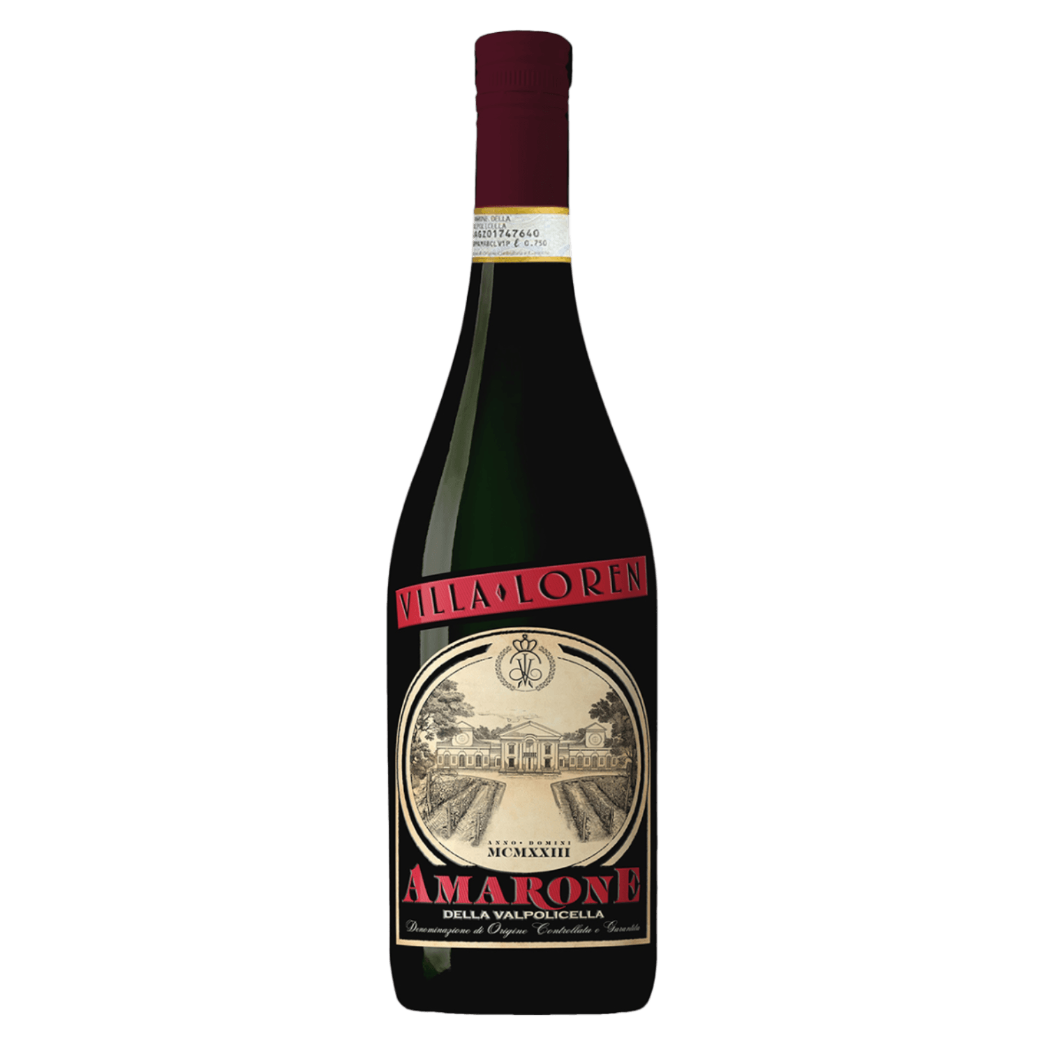 Rode wijn Amarone della Valpolicella uit Italië met klassiek zwart etiket en villa-illustratie, Italiaanse wijn