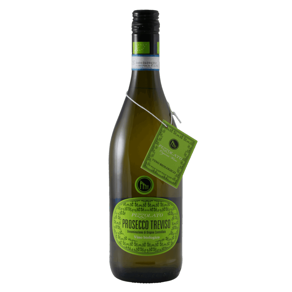 Mousserende wijn uit Italië, Pizzolato Prosecco Treviso biologisch met felgroen etiket en label, schroefdop