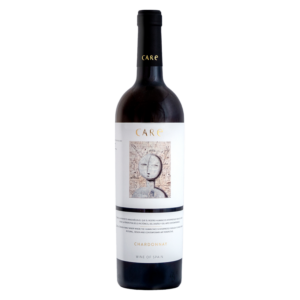 Witte wijn, Chardonnay druif, Cariñena Spanje – Care wijn met modern gezichtskunstlabel en zwarte capsule