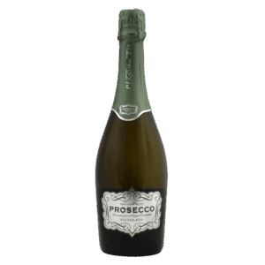 Mousserende wijn uit Italië, Pizzolato Prosecco in donkergroene reliëffles met sierlijk zwart-wit etiket en groene capsule