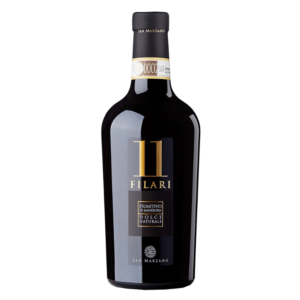 Rode wijn Primitivo di Manduria Dolce Naturale – Italiaanse dessertwijn in donkere fles met goudkleurige accenten