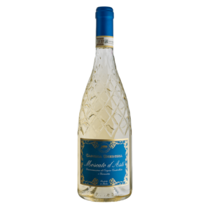 Witte wijn Moscato d’Asti – Italiaanse mousserende wijn met blauwe label en sierlijke fles met ruitpatroon