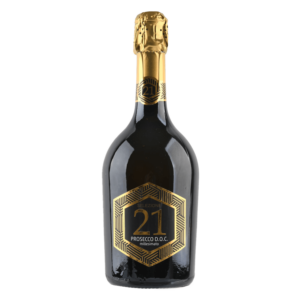 Mousserende wijn uit Italië, Cuvée 21 Prosecco DOC in zwarte fles met goud geometrisch etiket en luxe uitstraling