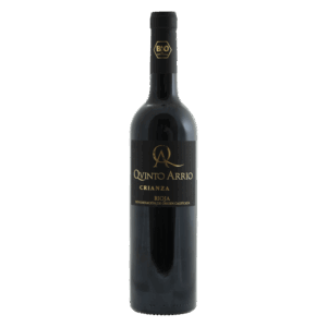 Rode wijn Crianza uit Rioja Spanje met zwart etiket en goudkleurige letters, Spaanse wijn