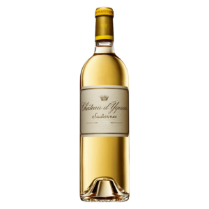 Witte wijn Château d’Yquem Sauternes – elegante fles met goudgele wijn en klassiek etiket met kroon