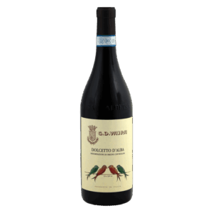 Rode wijn Dolcetto d’Alba uit Piemonte Italië met crème etiket en illustratie van drie vogels, Italiaanse wijn