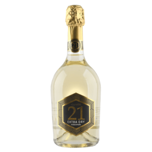 Mousserende wijn uit Italië, Cuvée 21 Extra Dry in elegante fles met zwart-goud geometrisch etiket en gouden capsule