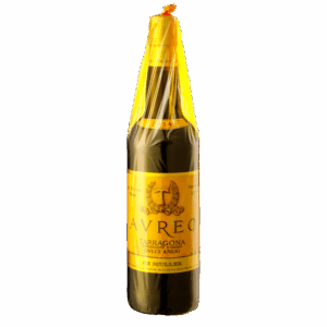 Spaanse dessertwijn Auric Tarragona – goudgele wijn in fles met felgele capsule en klassiek Spaans etiket