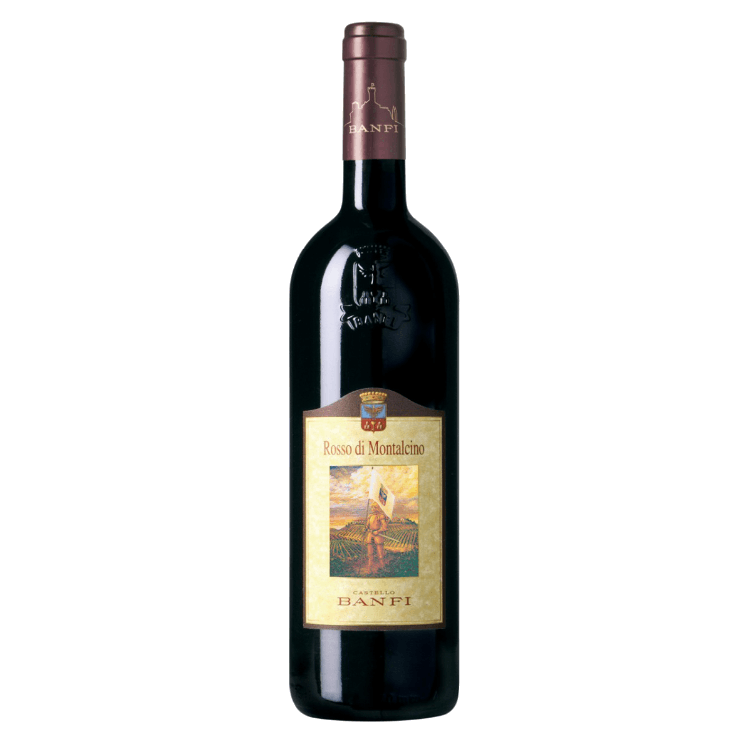 Rode wijn Rosso di Montalcino uit Toscane Italië met klassiek etiket en schilderachtig tafereel, Italiaanse wijn