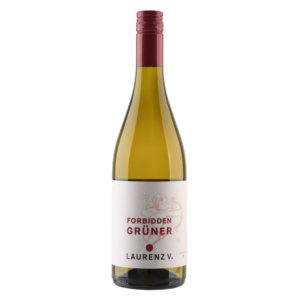 Witte wijn, Grüner Veltliner druif, Niederösterreich Oostenrijk – Laurenz V wijn met rood-wit label en druifillustratie