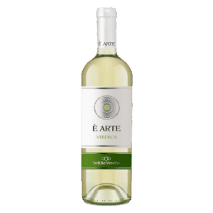 Witte wijn, Verdeca druif, Puglia Italië – È Arte wijn van Torrevento met helder label en groene band