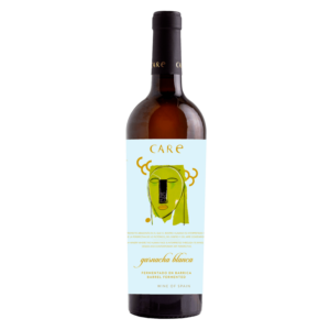 Witte wijn, Garnacha Blanca druif, Cariñena Spanje – Care wijn met modern kunstlabel en helderblauwe achtergrond