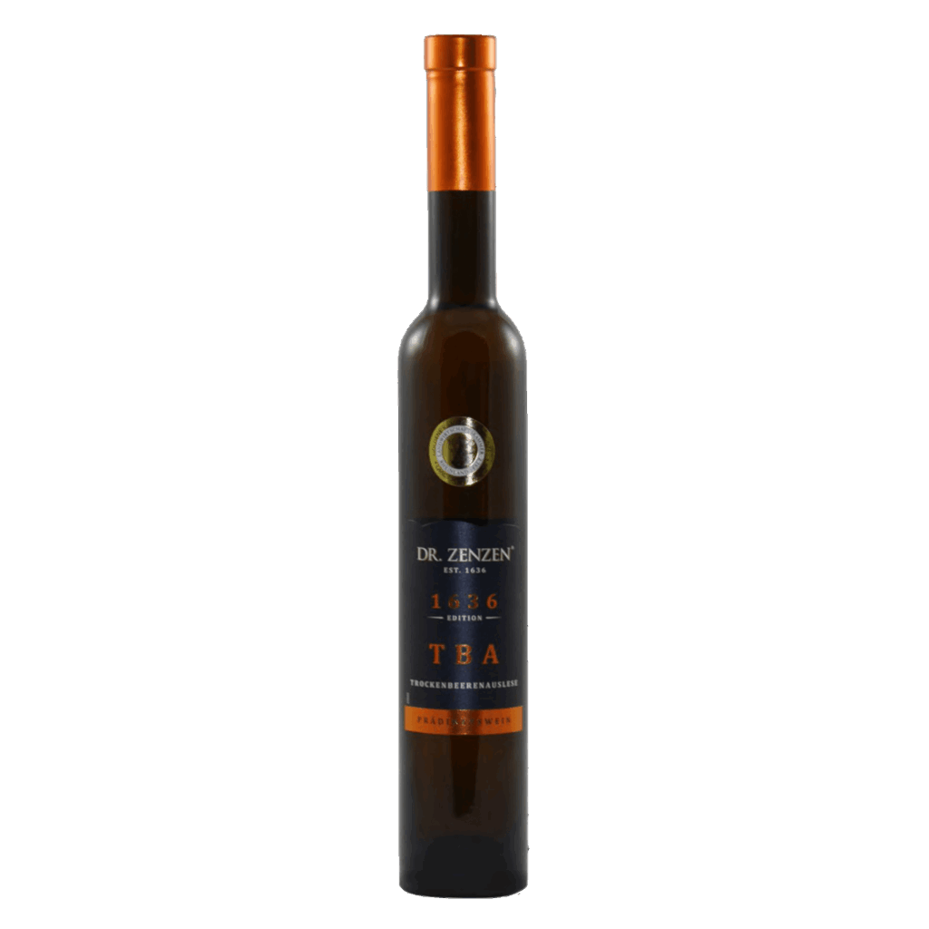 Dessertwijn Dr. Zenzen TBA 1636 – Duitse Trockenbeerenauslese wijn met oranje capsule in smalle fles