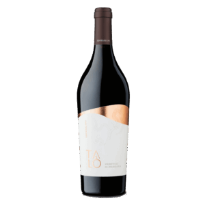 Rode wijn Negroamaro uit Puglia Italië met modern wit etiket en koperkleurig accent, Italiaanse wijn
