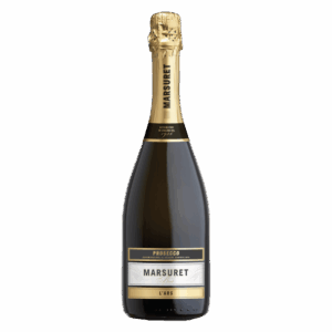 Mousserende wijn uit Italië, Marsuret Prosecco L’85 in elegante fles met goud-zwart etiket en verfijnde uitstraling