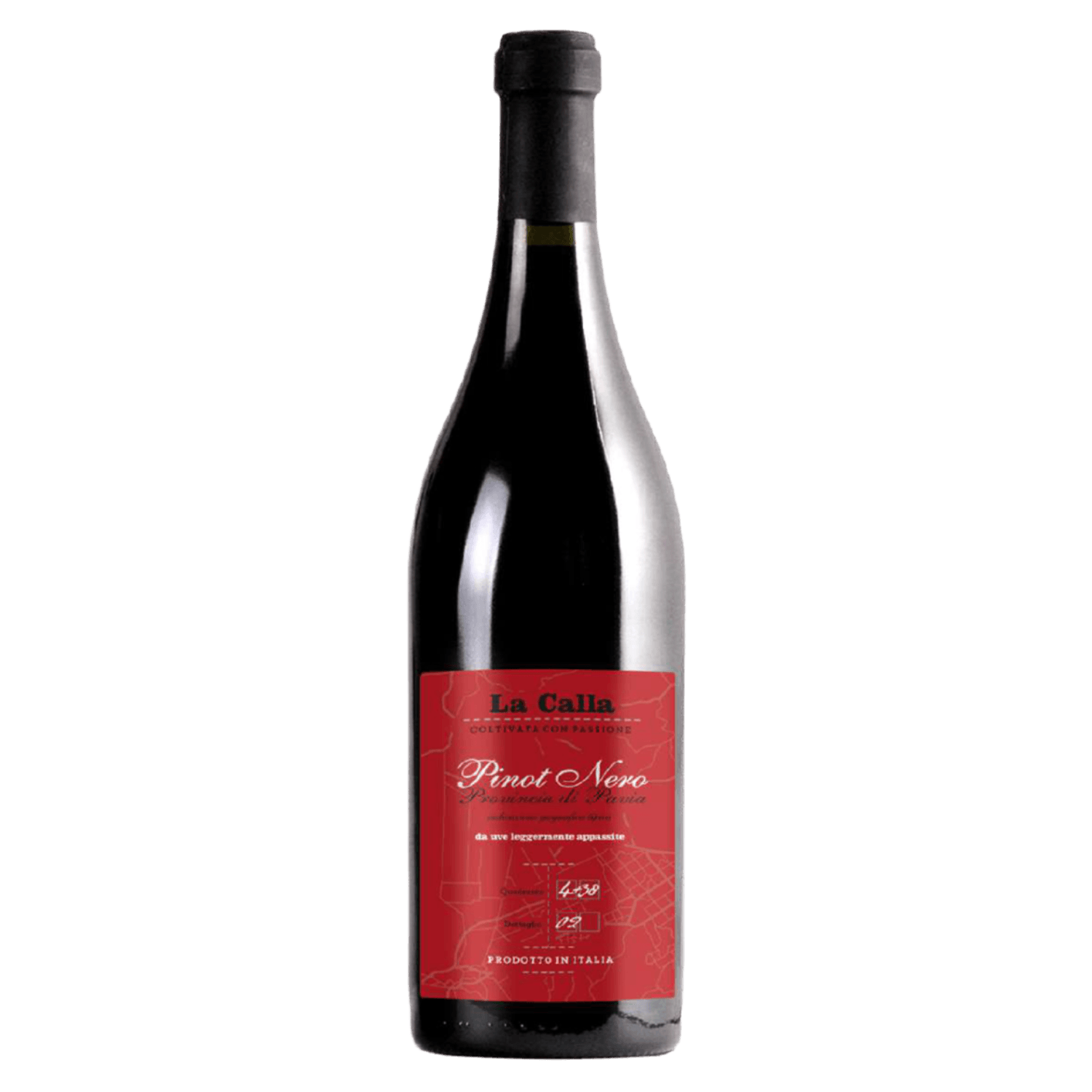 Rode wijn Pinot Nero uit Italië met opvallend rood etiket en sierlijke witte letters, Italiaanse wijn