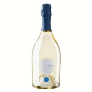 Mousserende wijn uit Italië, Liboll Extra Dry in heldere fles met blauw etiket en dop, elegante en frisse bubbel