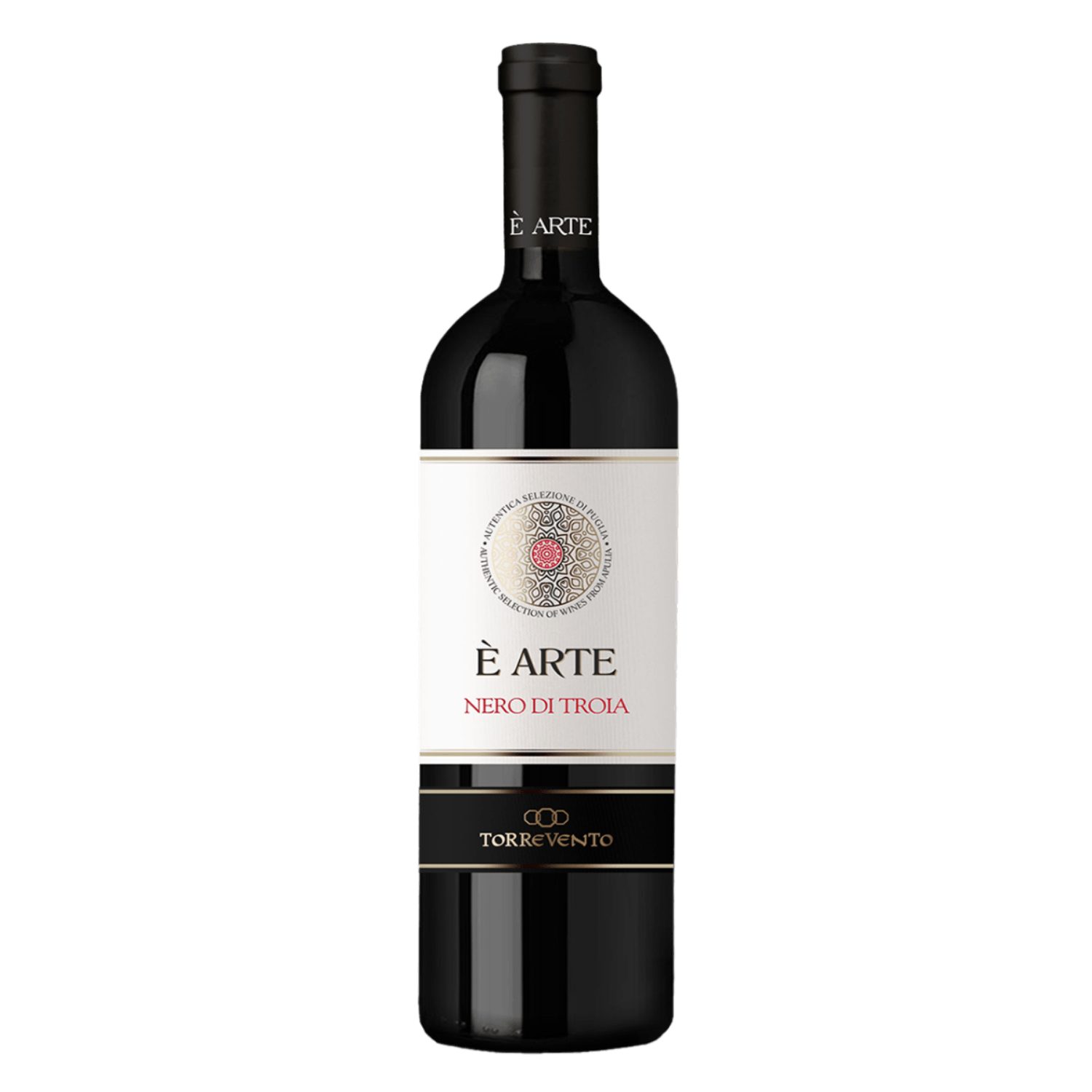 Rode wijn Nero di Troia uit Puglia Italië met wit etiket, zwart-gouden band en rood accent, Italiaanse wijn