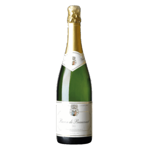 Mousserende wijn uit Frankrijk, Baron de Beaupré in groene fles met goud-wit etiket en traditioneel familiewapen