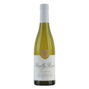Witte wijn, Sauvignon Blanc druif, Loire Frankrijk – Pouilly-Fumé wijn met klassiek label en gouden embleem