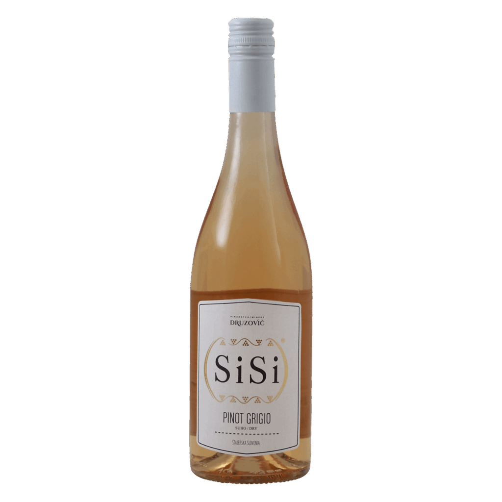 Witte wijn van Pinot Grigio druif uit Slovenië, frisse wijn met lichte rosékleur, sappige wijn met perzik en citrus.