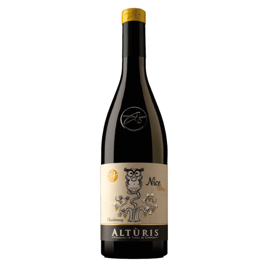 Witte wijn, Chardonnay druif, Friuli Italië – Altùris wijn met uilenlabel en gele capsule uit Noordoost-Italië