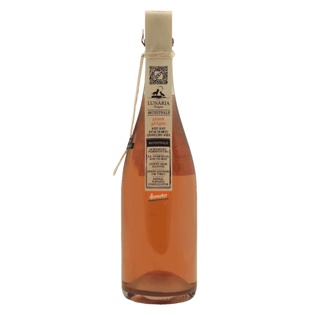 Mousserende wijn van Pinot Grigio uit Italië, natuurlijke Pet-Nat wijn met lichte troebelheid, biodynamische rosé wijnstijl.