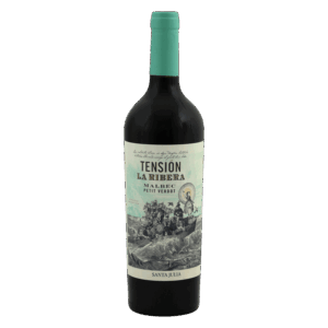 Rode wijn Malbec Petit Verdot uit Mendoza Argentinië met mintgroen etiket en illustratie, Argentijnse wijn