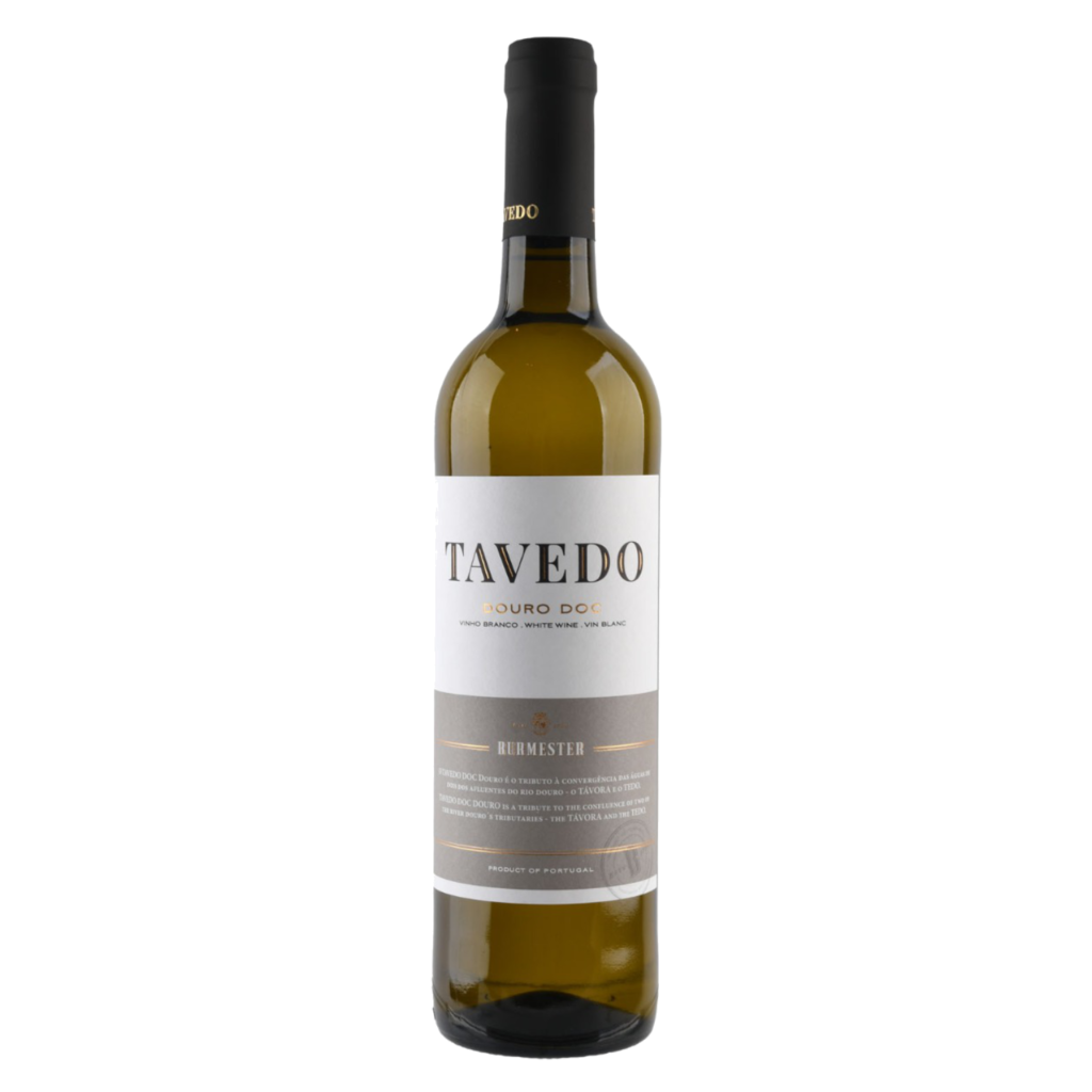 Witte wijn, blend druiven, Douro Portugal – Tavedo wijn van Burmester met modern grijs-wit label