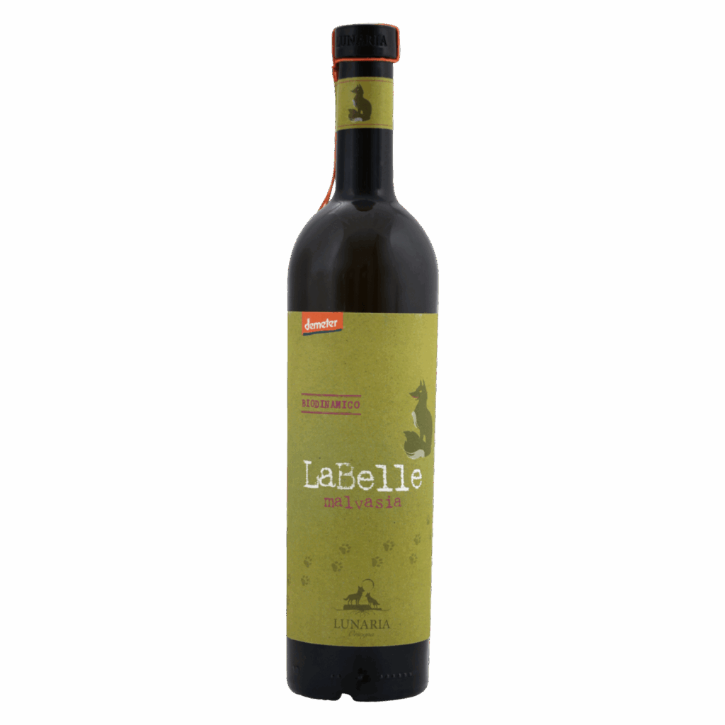 Witte wijn, Malvasia druif, Abruzzo Italië – LaBelle wijn van Lunaria met olijfgroen label en vossenlogo