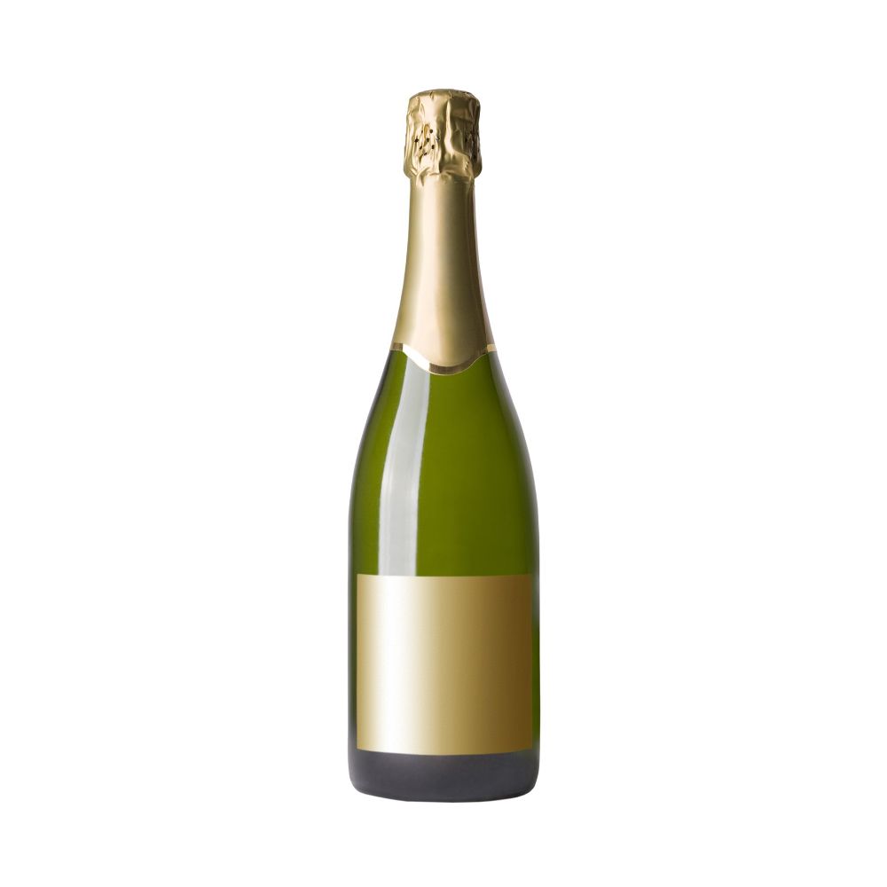 Mousserende wijn in groene fles met goudkleurige capsule en blanco etiket, ideaal voor huismerk of personalisatie