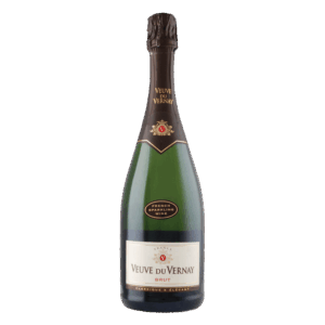 Mousserende wijn uit Frankrijk, Veuve du Vernay Brut in groene fles met donkerbruin etiket en klassieke uitstraling