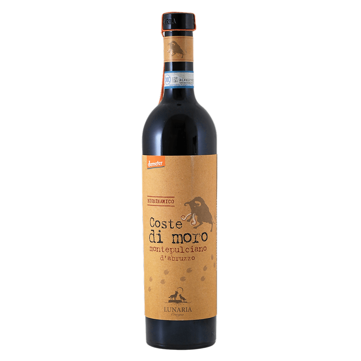 Rode wijn Montepulciano d’Abruzzo uit Italië met biologisch bruin etiket en zwarte stier, Italiaanse wijn