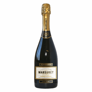 Mousserende wijn uit Italië, Marsuret Prosecco Superiore in zwarte fles met goud etiket en capsule, Valdobbiadene DOCG
