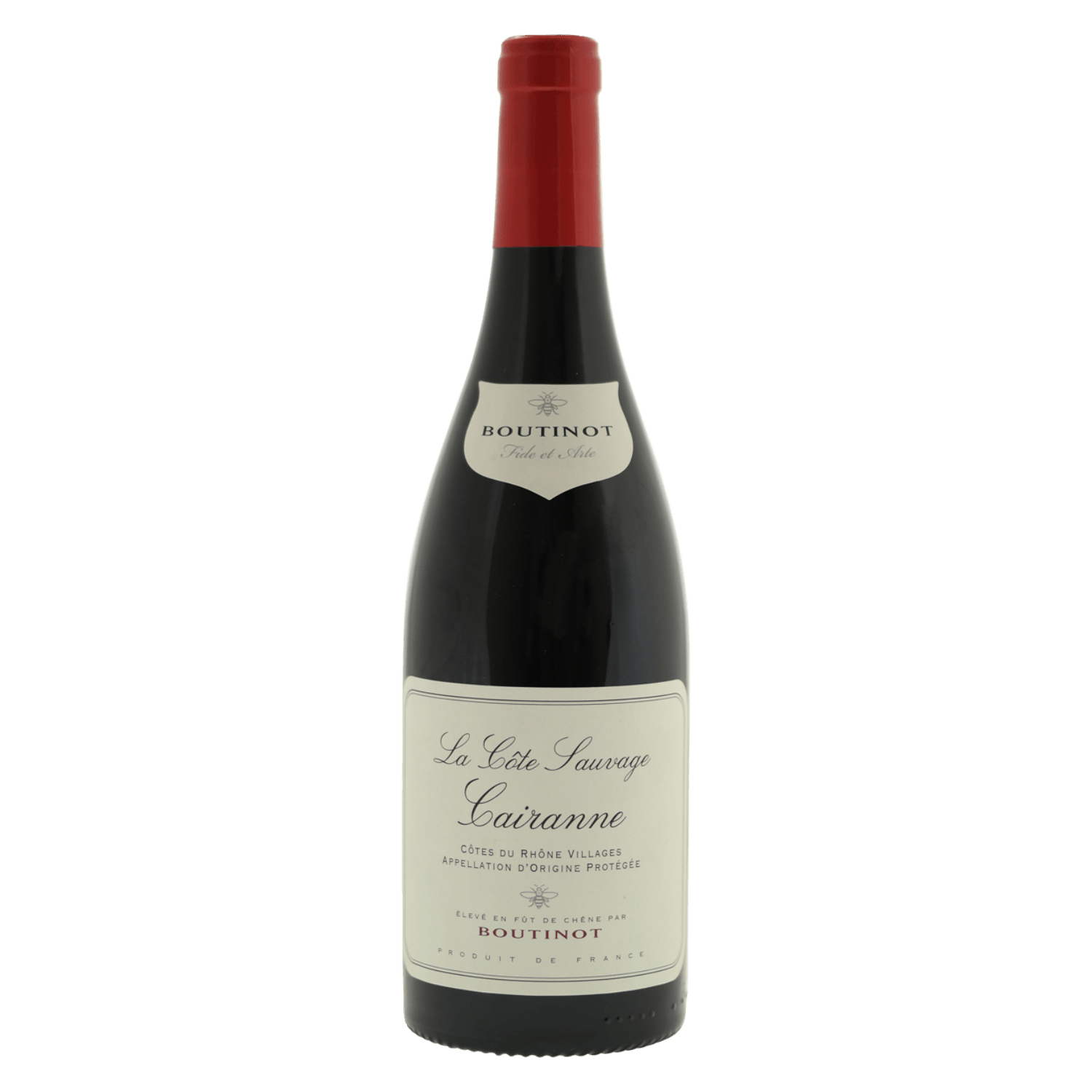 Rode wijn Cairanne Côtes du Rhône uit Frankrijk met klassiek crèmekleurig etiket en rode capsule, Franse wijn