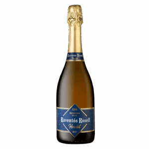 Mousserende wijn uit Spanje, Raventós Rosell Cava Reserva met blauw-gouden etiket en feestelijke uitstraling